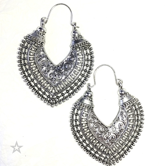 Jewelry - TRIBAL BOHO FANCY FILIGREE STYLE HOOP EARRINGS - SILVERTONE